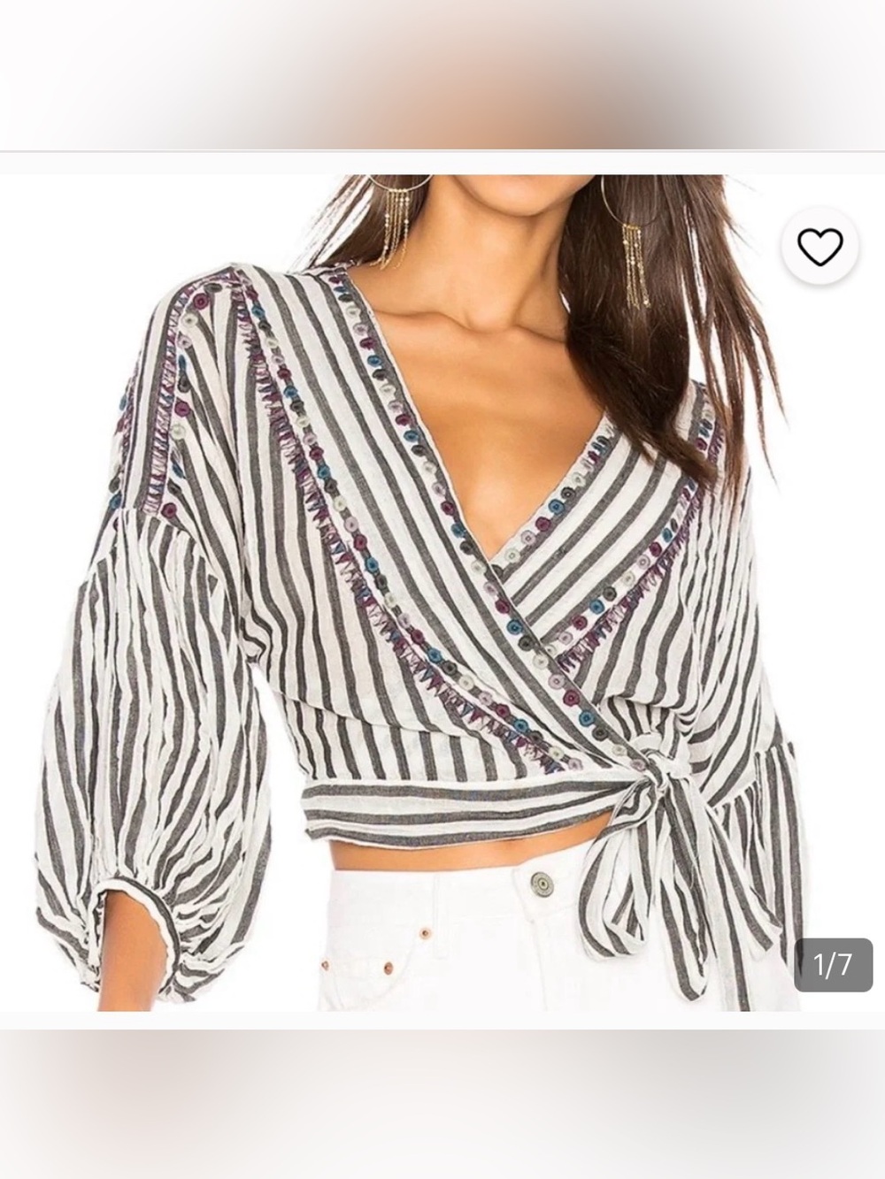 Free People Barcelona Nights Wrap Top 3/4 ballon sleeves embroidery Women’s Sz M